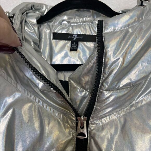7 for all Mankind Holographic Belted Hooded Puffer Jacket L - Picture 6 of 7